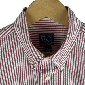 Jos A Bank Mens M Seersucker Stripe Short Sleeve Button Down Shirt Red Stay Cool